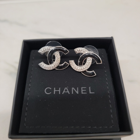CHANEL RHINESTONE AND BLACK CC STUD EARRINGS - Picture 2 of 5